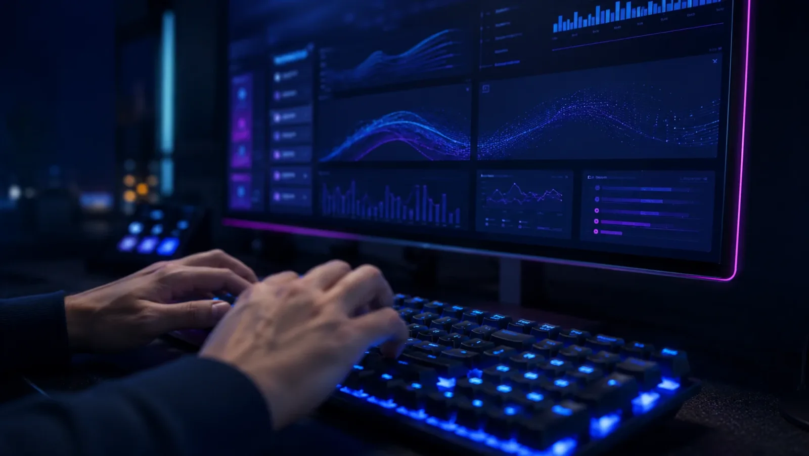 Mains en mouvement sur un clavier mécanique rétroéclairé bleu électrique, grand écran dark mode affichant des métriques LiteSpeed Cache en arrière-plan
