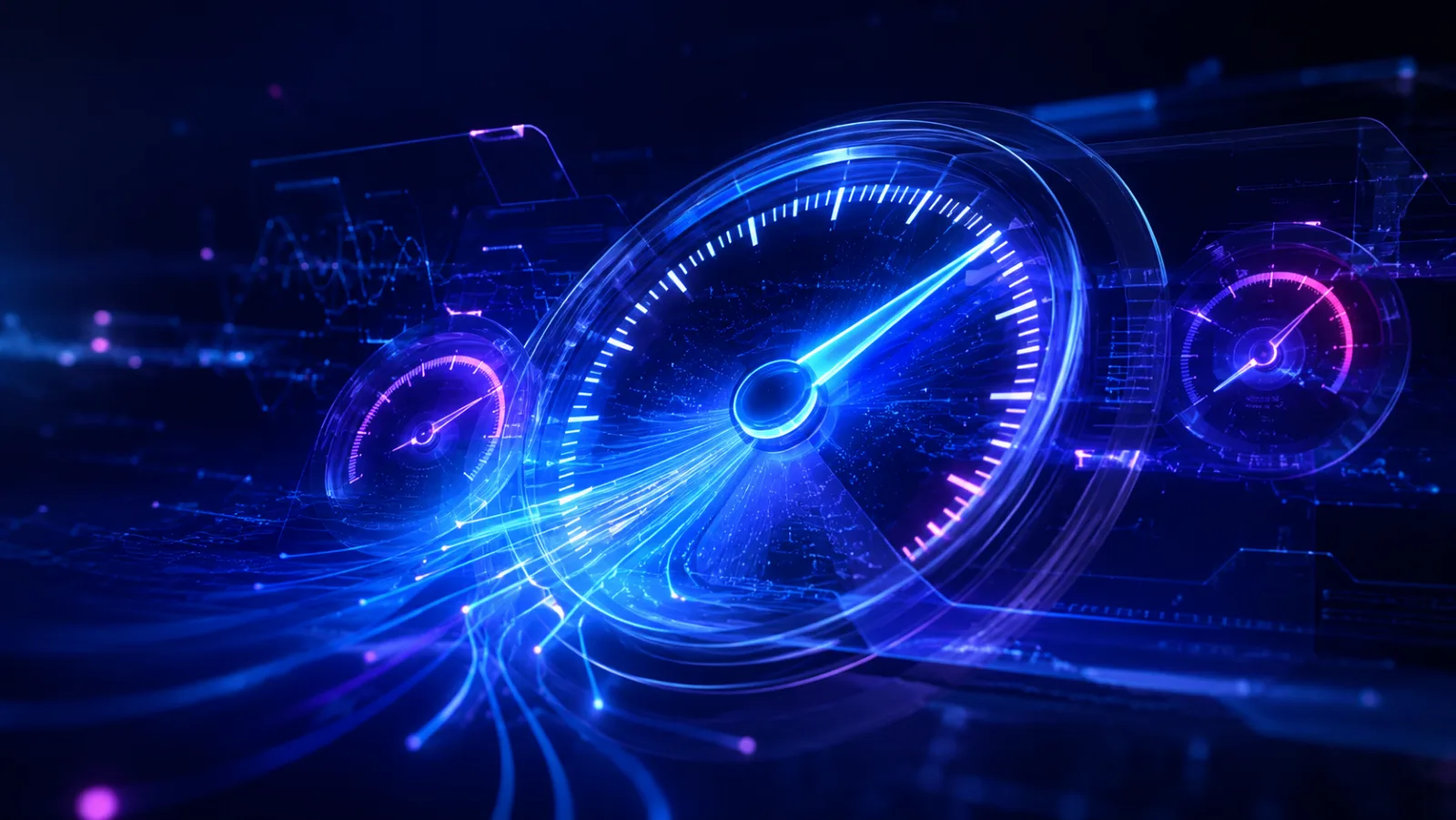 Tableau de bord futuriste avec compteur de vitesse central, aiguille pointée au maximum et traînées lumineuses bleu électrique — métaphore visuelle de la mesure de la vitesse d'un site web via les Core Web Vitals