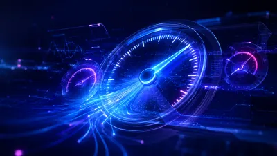 Tableau de bord futuriste avec compteur de vitesse central, aiguille pointée au maximum et traînées lumineuses bleu électrique — métaphore visuelle de la mesure de la vitesse d'un site web via les Core Web Vitals