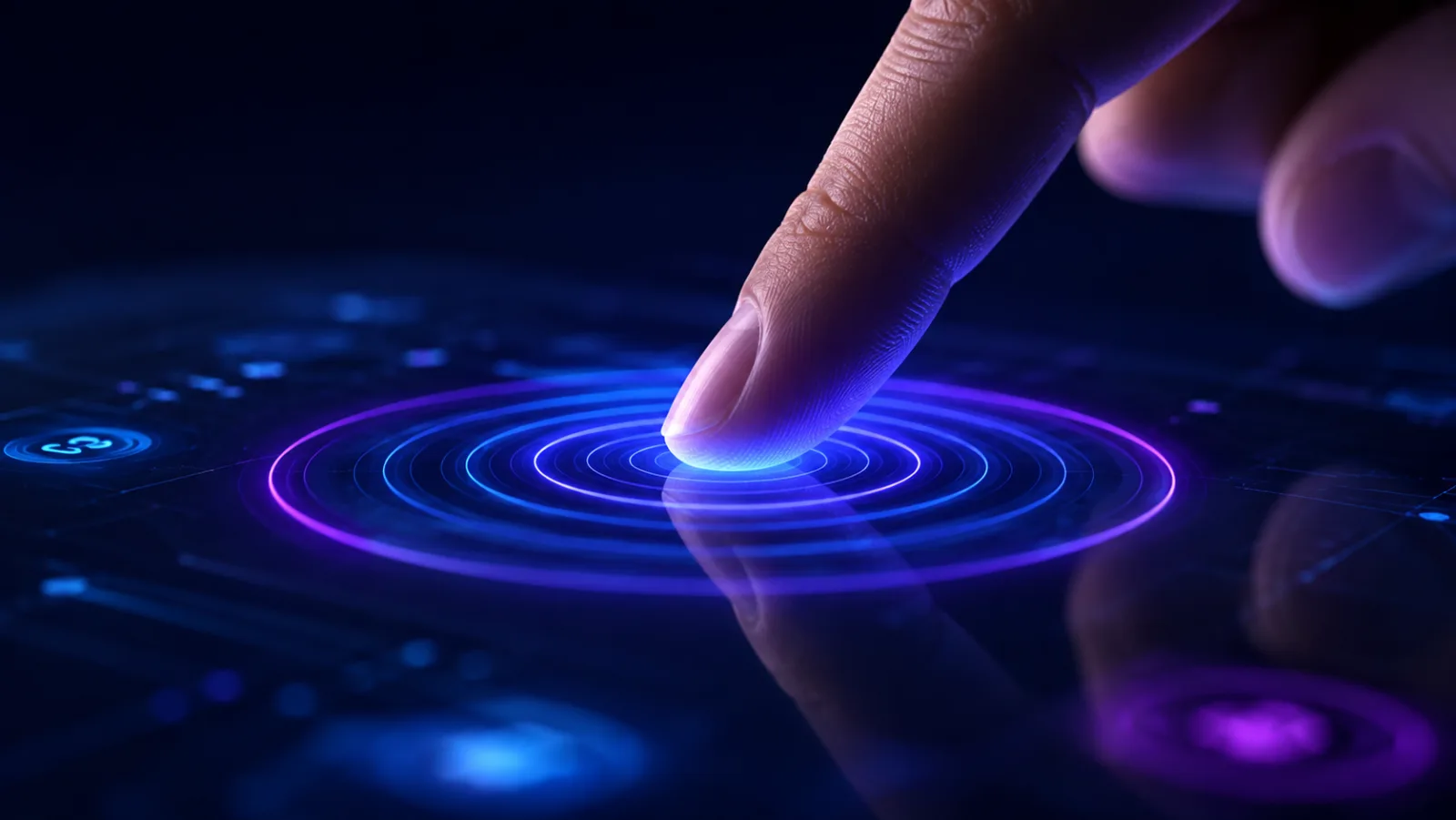 Doigt touchant un écran tactile, ondes concentriques bleu et magenta émanant du point de contact — métaphore de la latence d'interaction INP