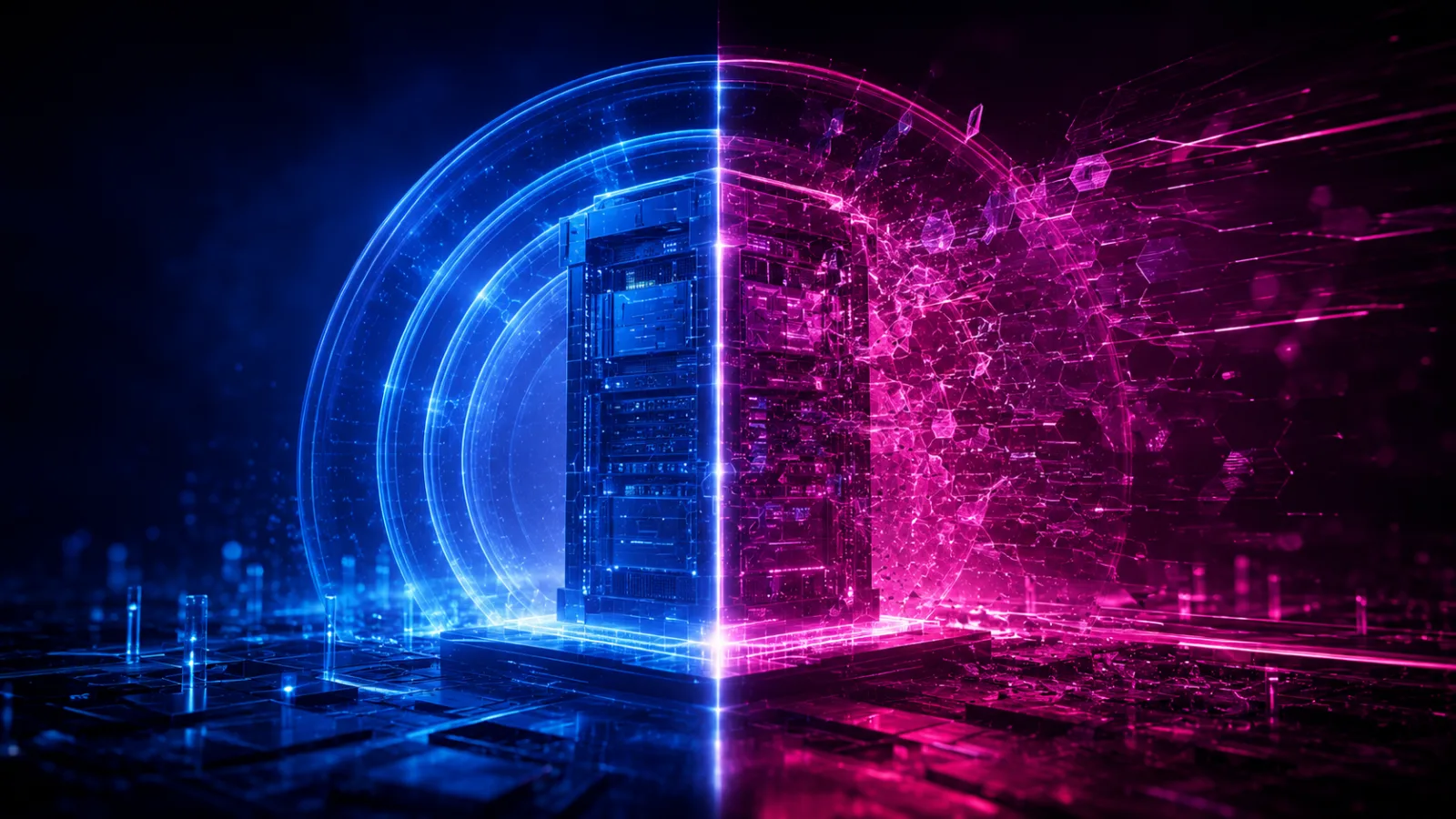 Serveur en rack scindé verticalement : moitié gauche bleu électrique cerclée d'anneaux de protection intacts, moitié droite désintégrée en éclats magenta