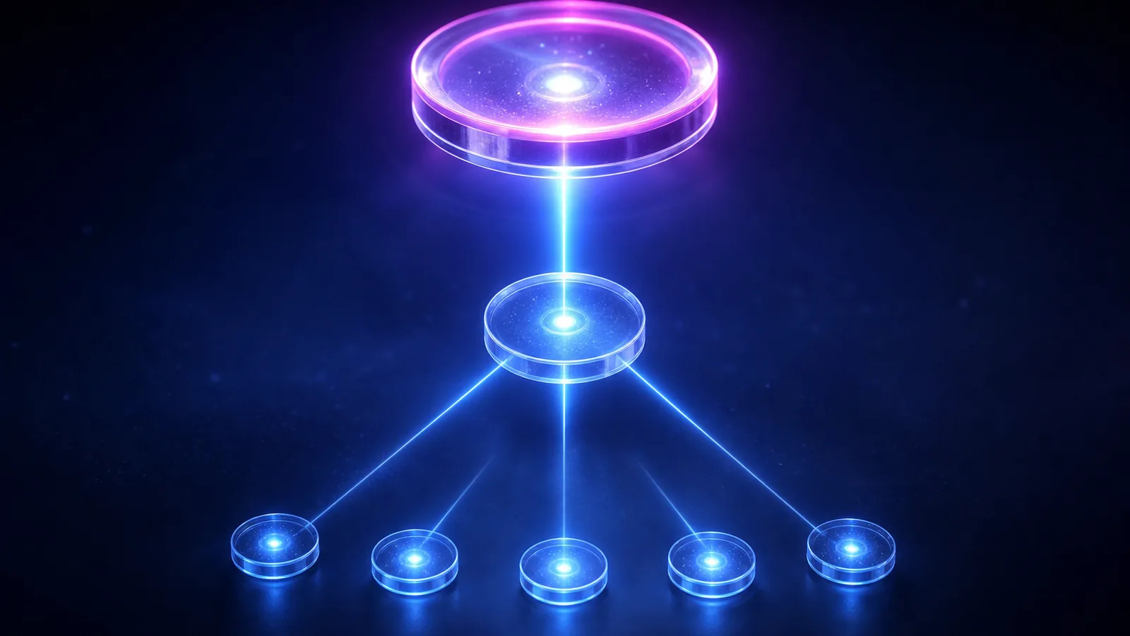 Diagramme à trois étages : un large disque magenta au sommet, un disque bleu unique au centre, cinq petits disques bleus alignés à la base, reliés par des faisceaux lumineux descendants