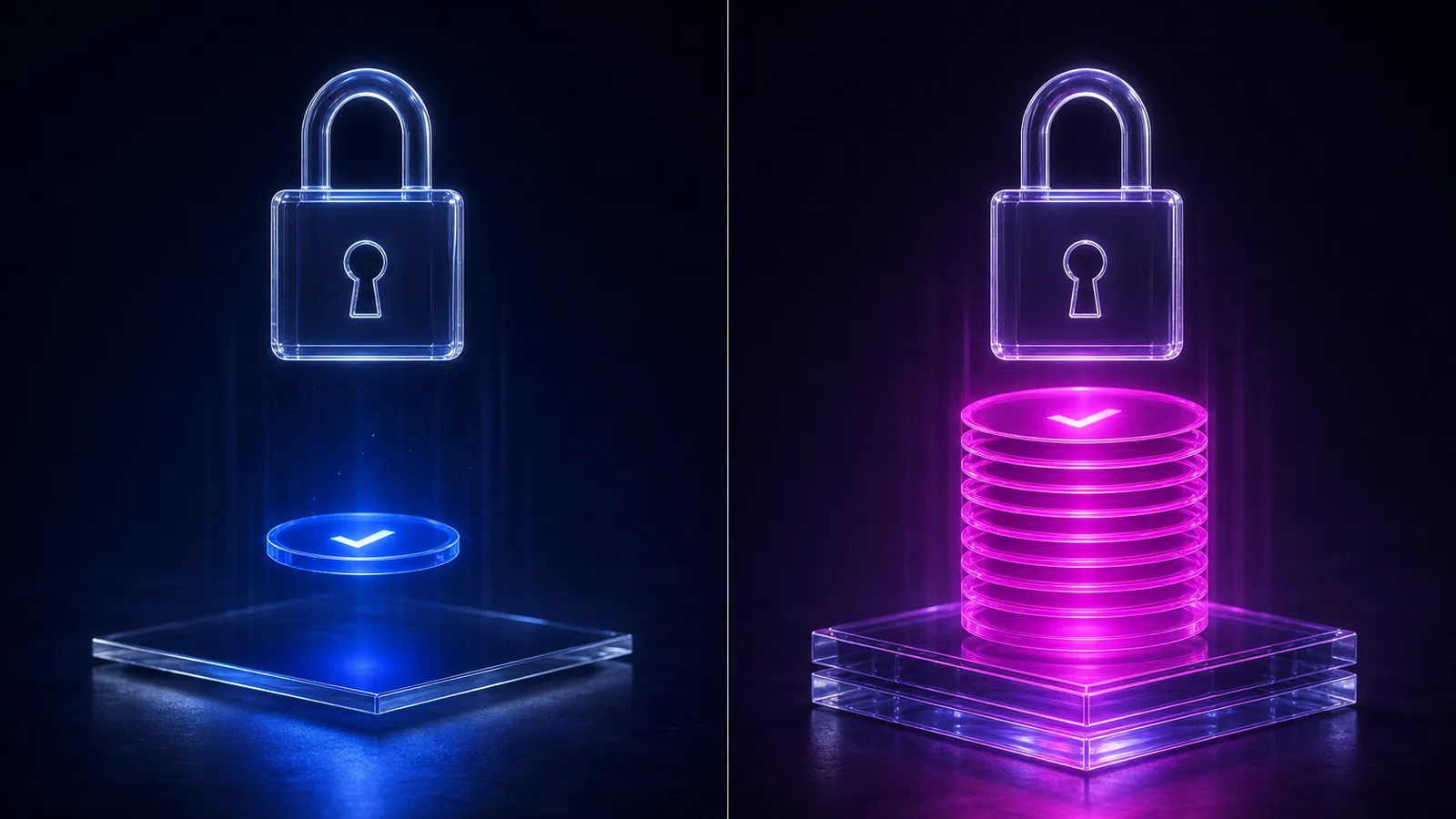 Écran partagé : à gauche un unique jeton de validation bleu posé sur une plaque de verre fine, à droite une pile de sept couches magenta sur une plaque renforcée, les deux surmontées d'un cadenas de verre de taille identique