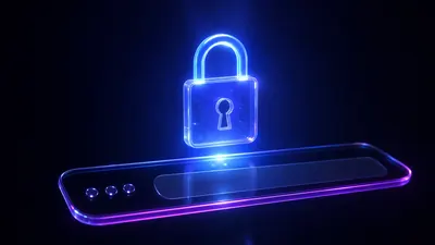 Cadenas de verre bleu lumineux en suspension au-dessus d'une barre d'adresse de navigateur stylisée, dont le liseré passe du bleu au magenta, sur fond bleu nuit