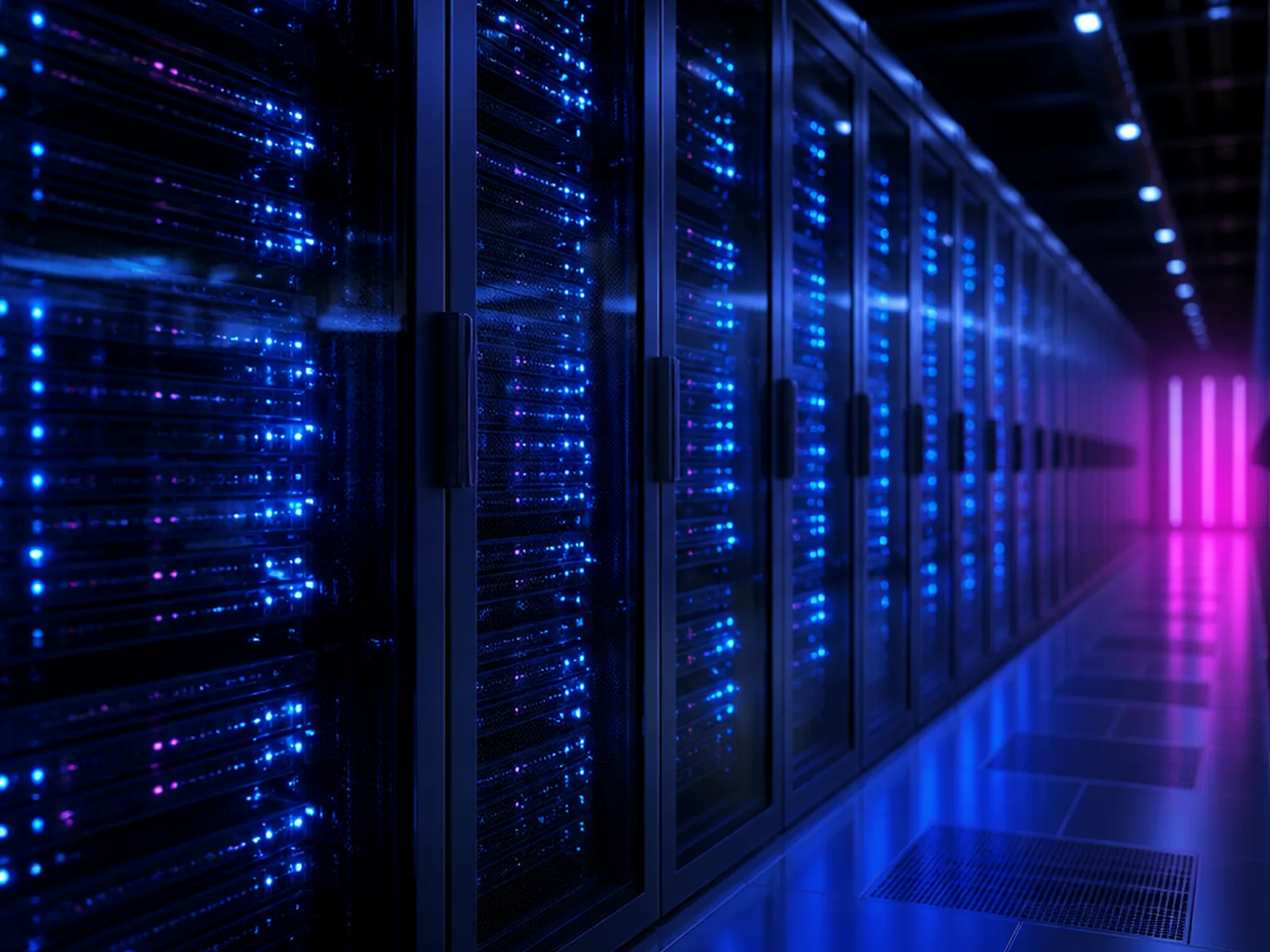 Allée froide d'un datacenter : baies serveurs vitrées aux LED bleues alignées, halo magenta en fond d'allée