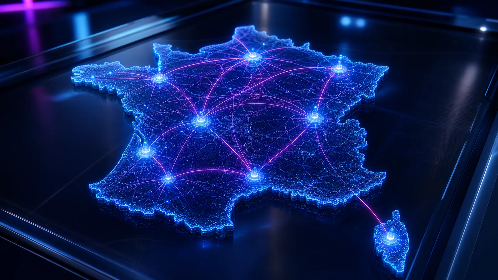 Carte de France holographique en relief sur une table de verre sombre, nœuds datacenters bleu électrique reliés par des liaisons réseau magenta