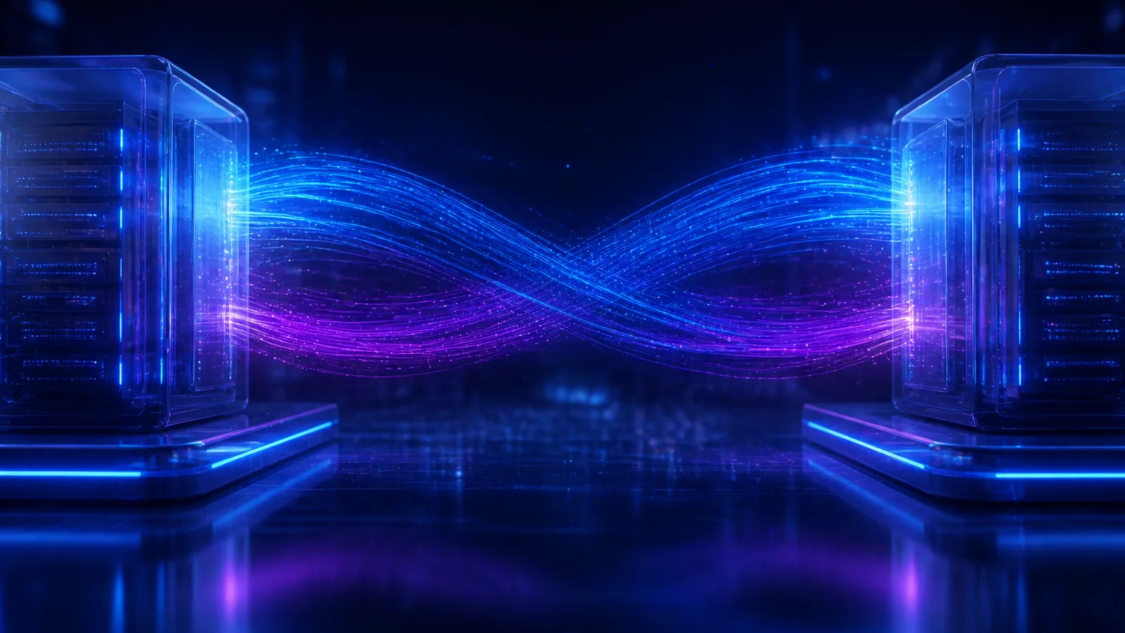 Flux de données bleu et magenta en boucle infinie circulant dans les deux sens entre deux baies serveurs de verre