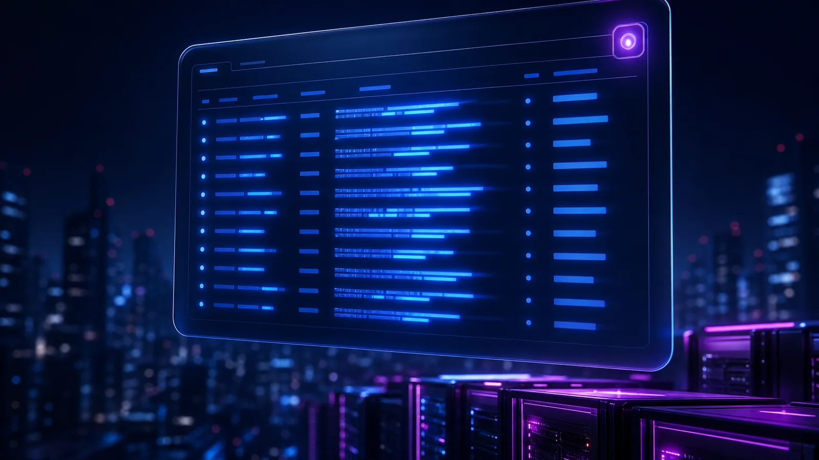 Panneau de terminal en verre incliné au-dessus de baies de serveurs, colonnes de lignes bleu électrique et pastille de notification magenta, skyline nocturne floutée en arrière-plan