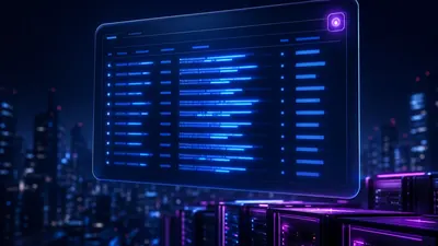 Panneau de terminal en verre incliné au-dessus de baies de serveurs, colonnes de lignes bleu électrique et pastille de notification magenta, skyline nocturne floutée en arrière-plan