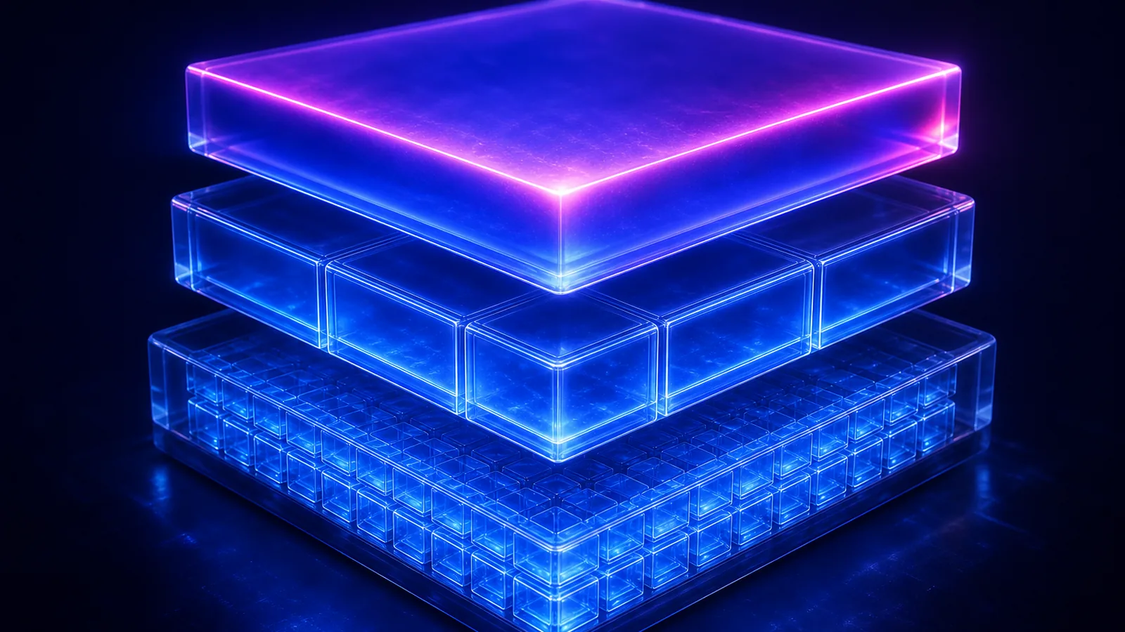 Trois plaques de verre empilées : la base finement quadrillée en dizaines de cellules bleues, la couche médiane en quelques blocs plus larges, le sommet une dalle pleine à liseré magenta