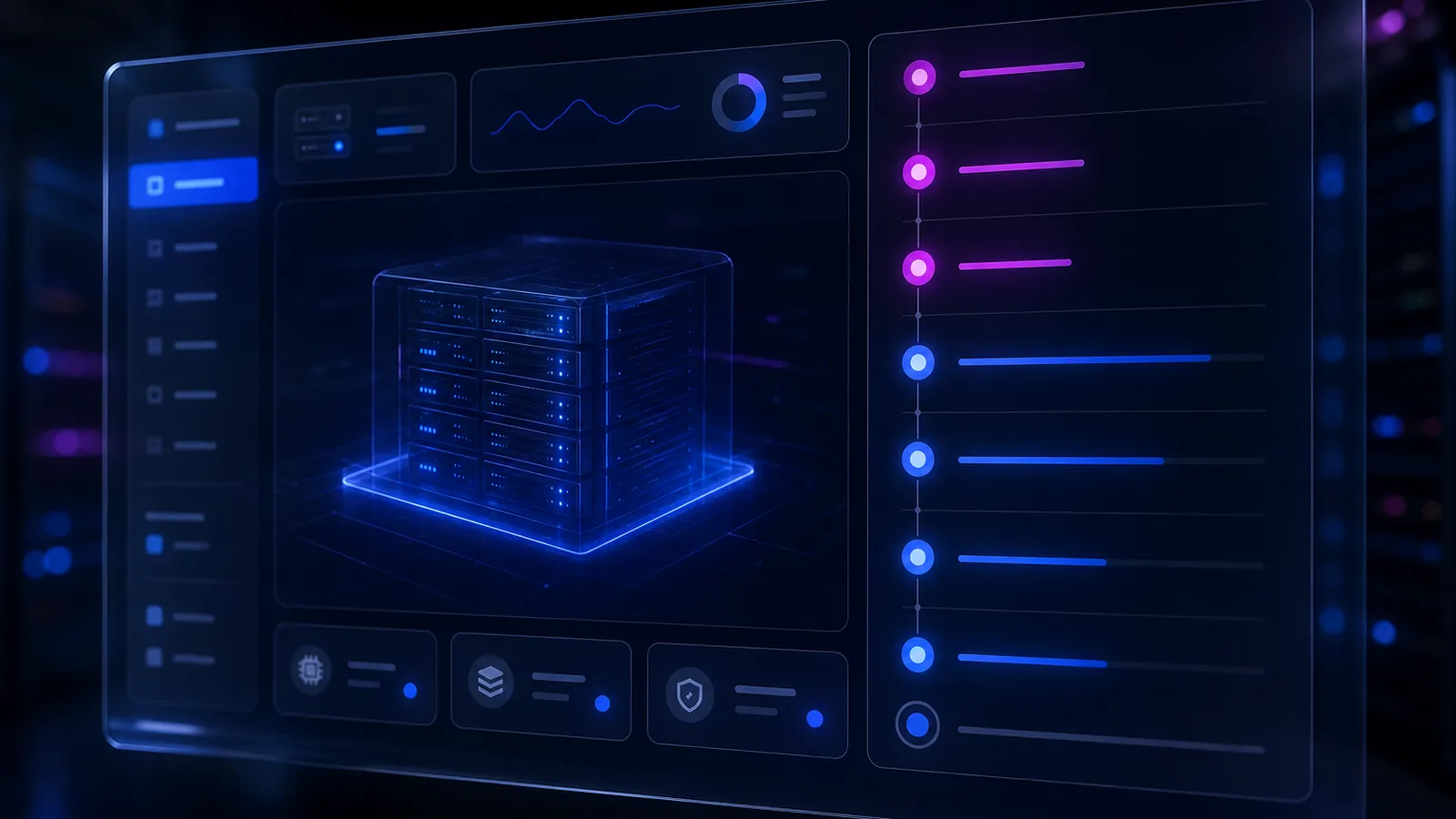 Tableau de bord de provisioning : rendu 3D d'une baie serveur au centre, jauges système à gauche, liste d'étapes de déploiement à puces colorées à droite