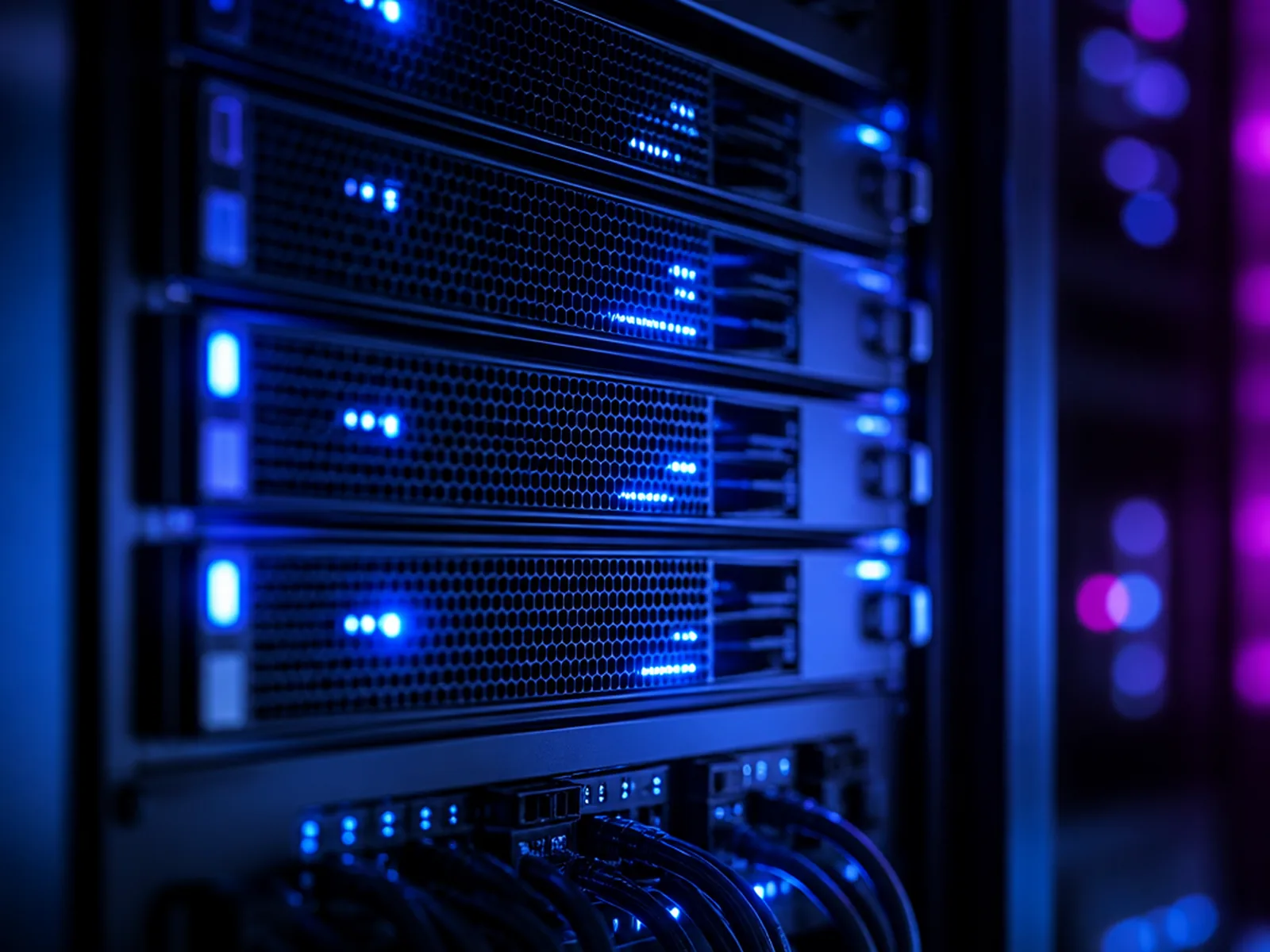 Gros plan sur quatre unités rack empilées, LED d'activité bleues allumées sur chaque façade, faisceau de câbles réseau au premier plan