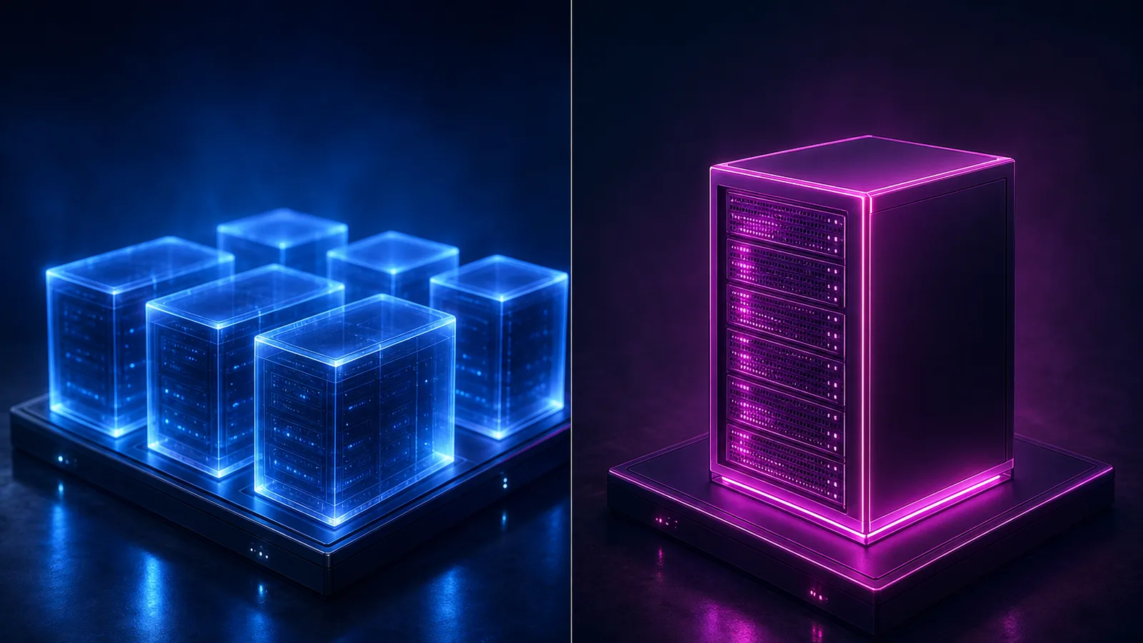 À gauche, six blocs translucides bleus regroupés sur un même socle ; à droite, une seule tour serveur opaque magenta isolée sur son propre socle