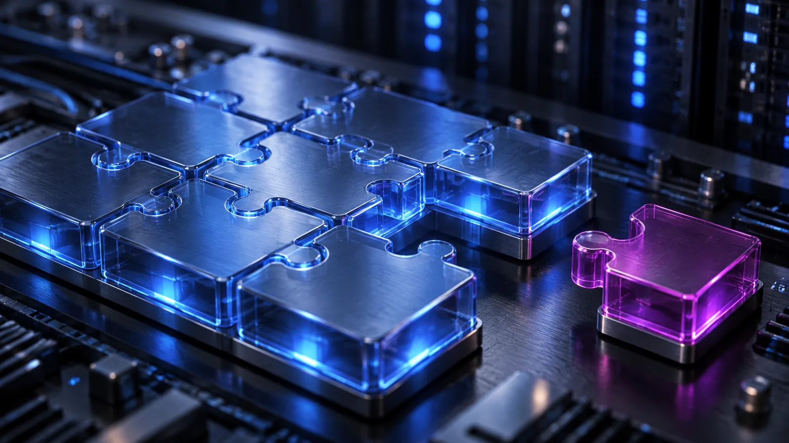 Pièces de puzzle en verre bleu assemblées sur un circuit, avec une pièce magenta encore séparée