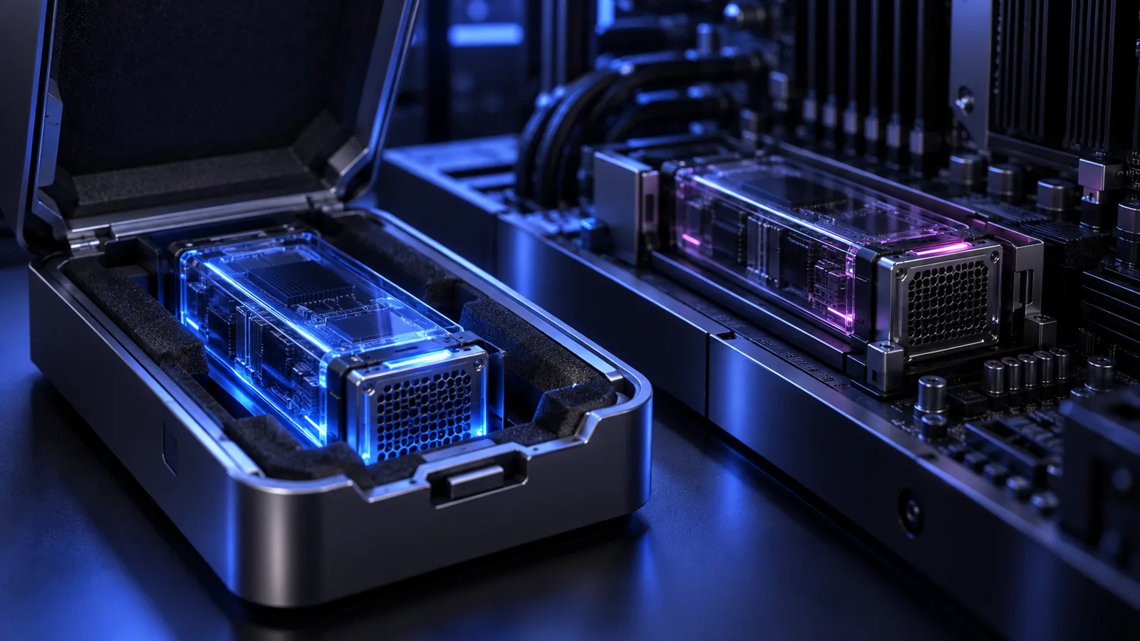 Module de serveur lumineux conservé dans une mallette ouverte, à côté d'un module connecté