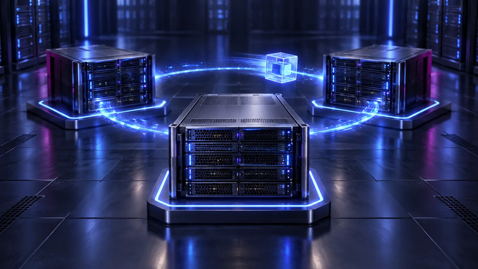 Trois baies de serveurs reliées en triangle autour d'un cube lumineux représentant une machine virtuelle