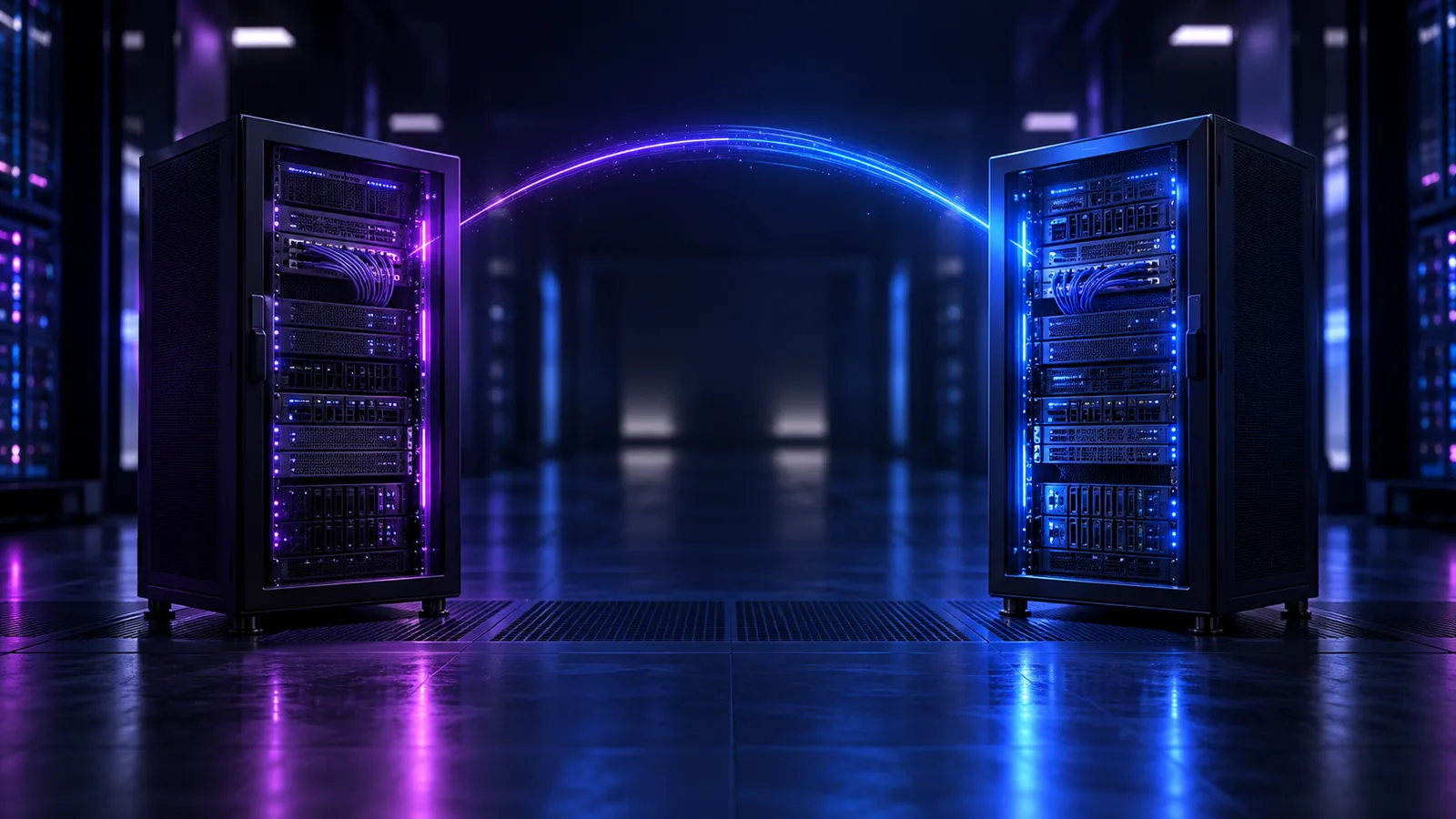 Deux baies de serveurs éclairées en bleu et violet, reliées par un arc lumineux.