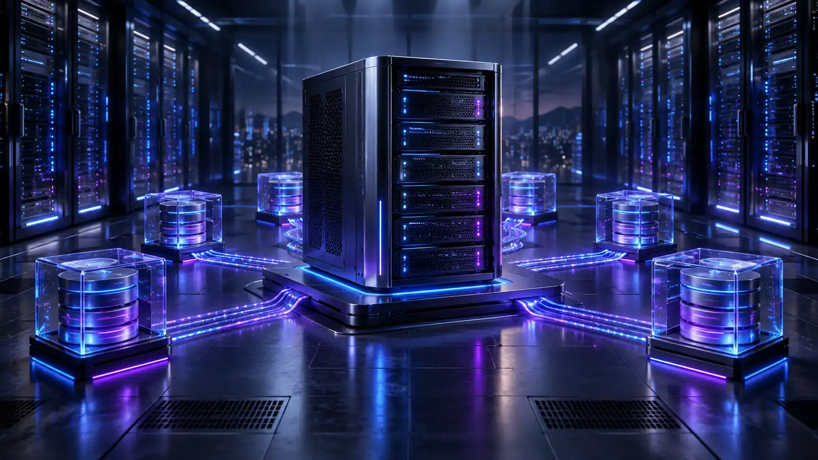 Serveur de sauvegarde central entouré de points de sauvegarde lumineux dans un datacenter sombre