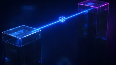 Deux socles de verre reliés par un fin faisceau de lumière bleue continu, un petit cube de données translucide en transit à mi-parcours, sur fond bleu nuit