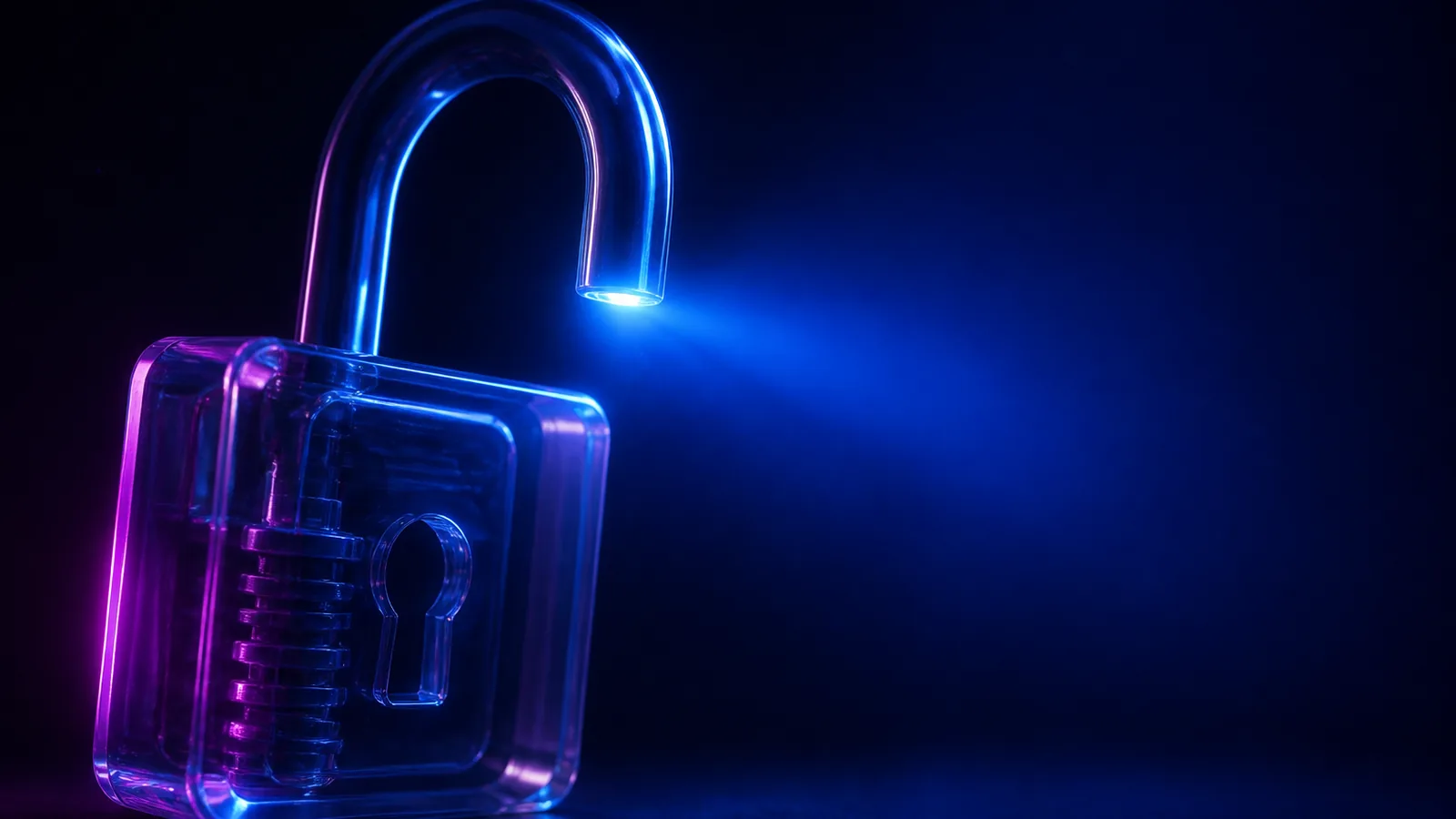 Cadenas de verre translucide à l'anse ouverte, halo bleu électrique s'échappant de l'ouverture et se dissipant vers la droite sur fond sombre